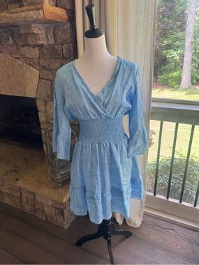 Idillio Positano blue linen wide smocked waist ruffle skirt mini dress Small 4